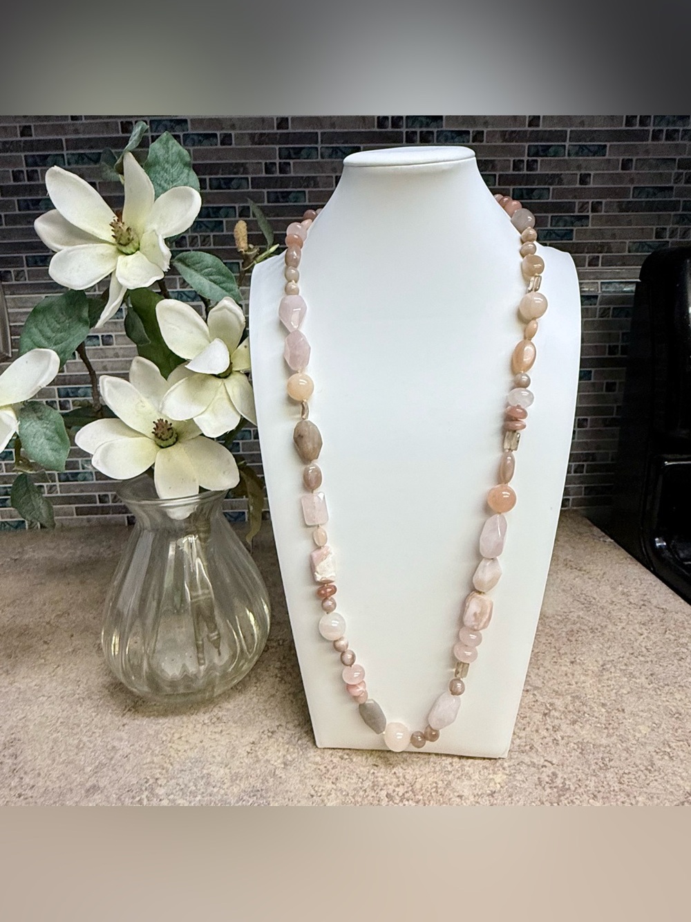 Hand crafted pink opal rose quartz sterling necklace